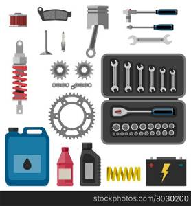 Moto parts with tools in flat style.