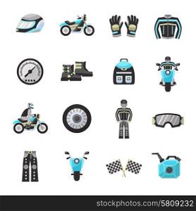 Motor bike rider flat icons set with helmet speedometer wheel isolated vector illustration. Bike Rider Flat Icons Set