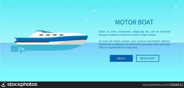 Motor boat advertisement poster offering traveling on yachts by sea or ocean vector illustration. Sailboat web page design in travelling concept. Motor Boat Advertisement Poster Offering Traveling