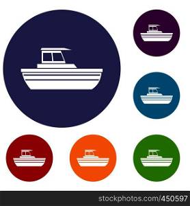 Motor boat icons set in flat circle reb, blue and green color for web. Motor boat icons set