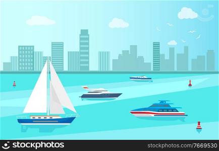 Motor boat or sailboat vector illustration on background of urban city. Fishing vessel, speedboat marine nautical type of transport in flat style. Motor Boat Sailboat Vector Illustration Isolated