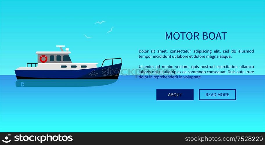 Motor boat or sailboat web page design in travelling concept. Advertisement poster offering traveling on yachts by sea or ocean vector illustration. Motor Boat Advertisement Poster Offering Traveling
