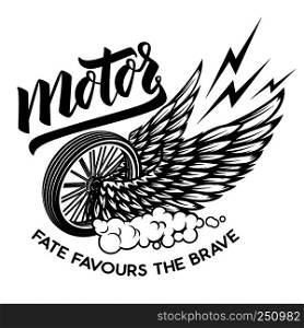 Motor. Racer winged wheel. Design element for poster, emblem, t shirt. Vector illustration