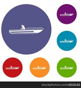 Motor speed boat icons set in flat circle reb, blue and green color for web. Motor speed boat icons set