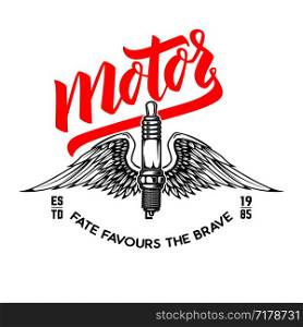 Motor speedway. Emblem template with winged electric spark plug. Design element for poster, logo, label, sign, badge. Vector illustration