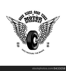 Motor speedway. Tshirt print template with winged wheel. Vector illustration