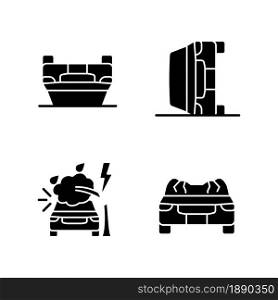 Motor vehicle collisions black glyph icons set on white space. Rollover crash. Weather related damage. Roof displacement. Aggressive driving. Silhouette symbols. Vector isolated illustration. Motor vehicle collisions black glyph icons set on white space