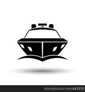 Motor yacht icon front view. Black on White Background With Shadow. Vector Illustration.