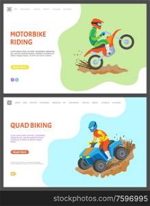 Motorbike and quad biking vector, people riding bikes in dirt and mud, competition race and challenge for men. Motorcycle driver with helmet. Website or webpage template, landing page flat style. Motorbike and Quad Biking Webpages with Text Set