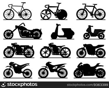 Motorbike black silhouette set. Motorcycles and scooters, bikes and choppers. Speed race and delivery retro and modern vehicles travel and sport flat vector motor transport detail pictogram collection. Motorbike black silhouettes. Motorcycles and scooters, bikes and choppers. Speed race and delivery retro and modern vehicles vector motor transport detail collection