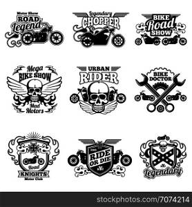 Motorbike club vintage vector patches. Motorcycle racing labels and emblems. Motorcycle emblem club classic, vintage chopper illustration. Motorbike club vintage vector patches. Motorcycle racing labels and emblems
