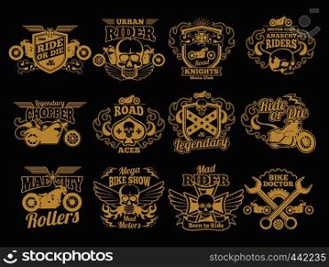 Motorbike club vintage vector patches on black. Motorcycle racing labels and emblems. Illustration of motorbike label, legendary emblem and badge. Motorbike club vintage vector patches on black. Motorcycle racing labels and emblems