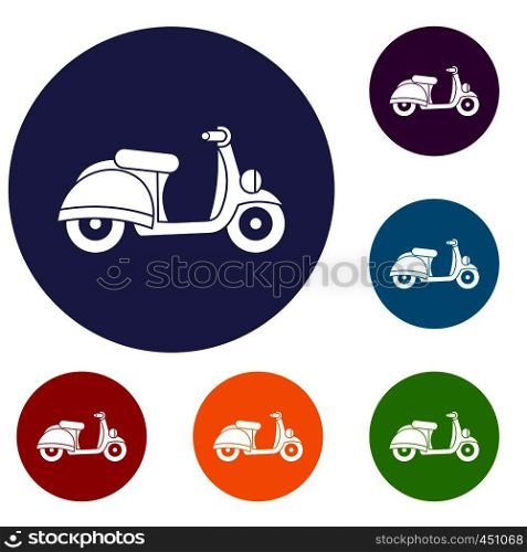 Motorbike icons set in flat circle reb, blue and green color for web. Motorbike icons set