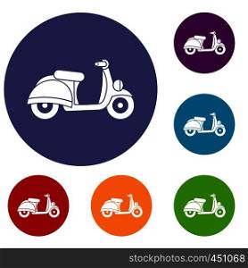 Motorbike icons set in flat circle reb, blue and green color for web. Motorbike icons set