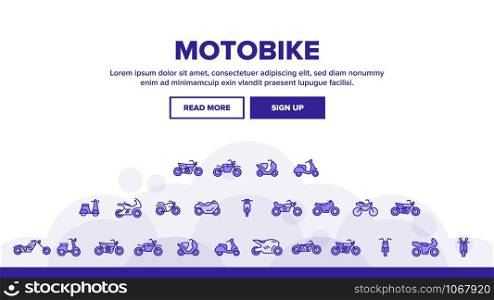 Motorbike Landing Web Page Header Banner Template Vector. Scooter And Motor Bicycle, Speed Bike And Chopper Motorcycle Motorbike Types Illustration. Motorbike Landing Header Vector