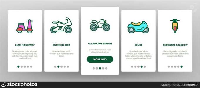 Motorbike Onboarding Mobile App Page Screen Set Vector. Scooter And Motor Bicycle, Speed Bike And Chopper Motorcycle Motorbike Types Linear Pictograms. Academic Details Illustrations. Motorbike Onboarding Vector