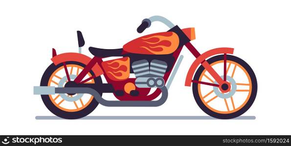 Motorbike. Red biker motorcycle with orange flame graffiti, classic vehicle for road racing, speed race modern style moped travel and sport motocross flat isolated vector motor transport illustration. Motorbike. Red biker motorcycle with flame graffiti, classic vehicle for road racing, speed race modern style moped travel and sport motocross flat vector motor transport illustration