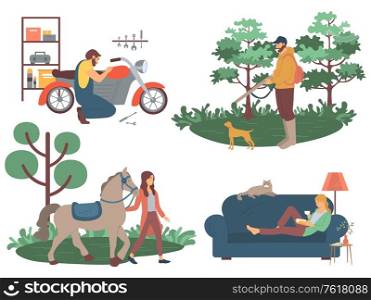 Motorbike repairing mechanics garage vector, interest of biker, reading woman. Horse and lady, hunting person with dog on nature, hobby characters. People with Hobbies, Reading Hunting Equine Sports