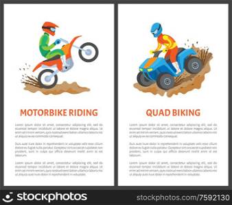 Motorbike riding and quad biking posters, man in helmet driving on motorcycle, extreme sport. Person on stuntbike, rally isolated on white vector. Man Driving on Motorcycle, Extreme Sport Vector