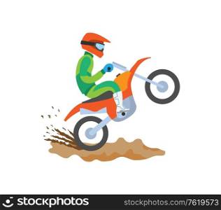Motorbike riding by mud, side view of person on bike making tricks, man wearing helmet and driving equipment, bright poster with extreme sport vector. Extreme Sport Motorbike Riding Postcard Vector