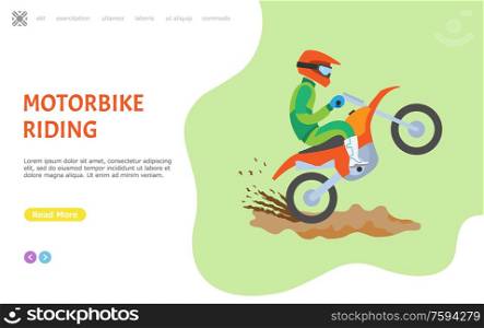 Motorbike riding hobby of man vector, person wearing special uniform and helmet to protect head. Website or webpage template, landing page flat style active lifestyle of male sitting on transport. Motorbike Riding Website with Man on Bike Web