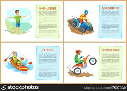 Motorbike riding vector, quad hobby and highlining, people with hobbies. Team in boat, rafting extreme sports. Person male balancing on thin line. Highlining and Quad Biking Hobby Poster with Text