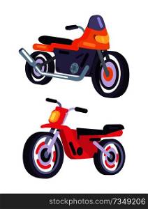 Motorbikes isolated on white background, vector illustration of modern motorized bikes, sportive motorcycles with tube, red and orange color transport items. Motorbikes Isolated on White Background, Vector
