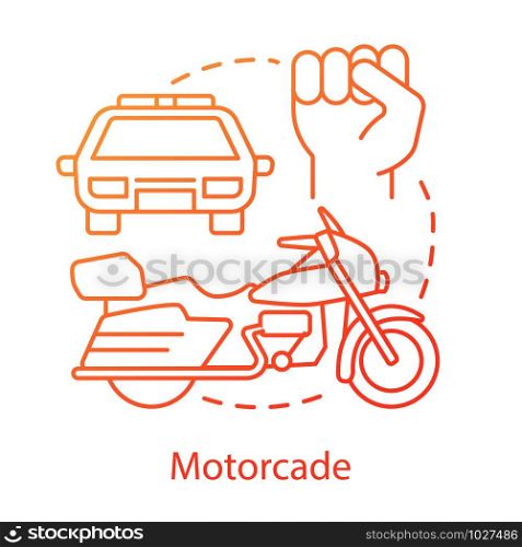 Motorcade concept icon. Vehicles procession idea thin line illustration. Police car, motorcycle and fist vector isolated outline drawing. Political transport, security convoy. Presidential escort