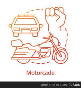 Motorcade concept icon. Vehicles procession idea thin line illustration. Police car, motorcycle and fist vector isolated outline drawing. Political transport, security convoy. Presidential escort