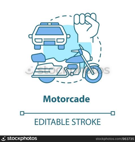 Motorcade concept icon. Vehicles procession idea thin line illustration. Police car, motorcycle and fist vector isolated outline drawing. Political transportation, security cortege. Editable stroke