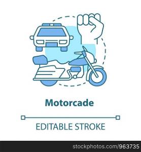 Motorcade concept icon. Vehicles procession idea thin line illustration. Police car, motorcycle and fist vector isolated outline drawing. Political transportation, security cortege. Editable stroke