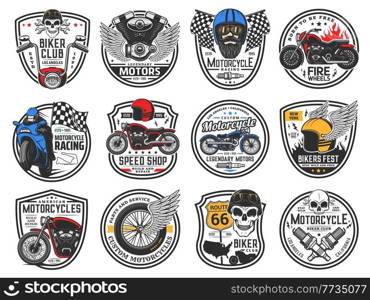 Motorcycle and biker skull in helmet vector icons of motorsport, biker club, motor garage. Motorcycle or bike, rider, engine piston and moto wheel, chopper, racing flag and spark plug isolated badges. Motorcycle and biker club vector icons