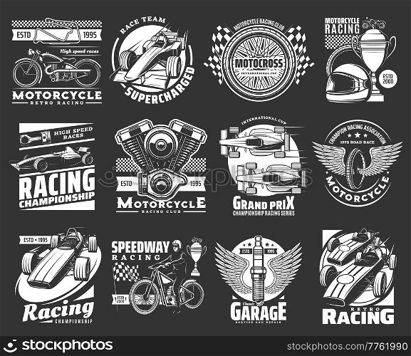 Motorcycle and car race sport icons set. Vintage motorbike, formula one modern and retro car, bike engine and racing cup engraved vector. Racing championship, repair service garage emblem or icon. Motorcycle and car race sport vector icons set