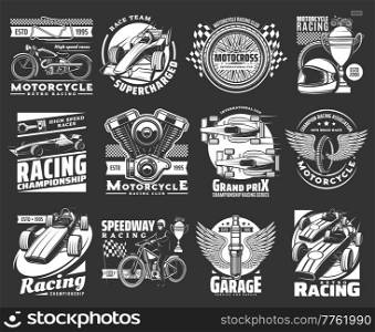 Motorcycle and car race sport icons set. Vintage motorbike, formula one modern and retro car, bike engine and racing cup engraved vector. Racing championship, repair service garage emblem or icon. Motorcycle and car race sport vector icons set