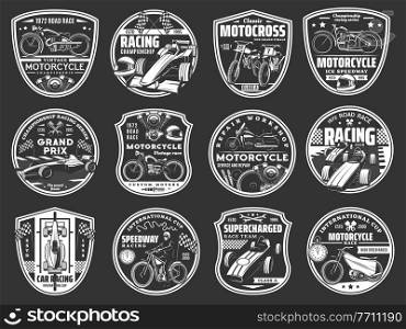 Motorcycle and car racing retro icons, motorsport road race team vector badges. Speedway cup, custom bikes workshop. Vintage motorbike, formula one classic cars, engine spare parts and racer helmet. Car and bikes racing team, repair service icons