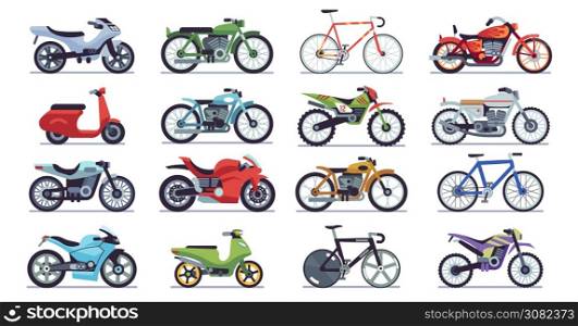 Motorcycle and scooter set. Bikes and choppers, speed race and delivery retro and modern mountain vehicles travel and sport flat isolated vector motor transport detail pictogram collection. Motorcycle and scooter set. Bikes and choppers, speed race and delivery retro and modern vehicles travel and sport flat vector motor transport detail pictogram collection