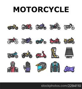 Motorcycle Bike Transport Types Icons Set Vector. Dirtbike And Cruiser, Dual Sport Enduros And Chopper, Sportbike And Electric Motorcycle Line. Rider Jacket And Helmet Color Illustrations. Motorcycle Bike Transport Types Icons Set Vector