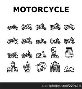 Motorcycle Bike Transport Types Icons Set Vector. Dirtbike And Cruiser, Dual Sport Enduros And Chopper, Sportbike And Electric Motorcycle Line. Rider Jacket And Helmet Black Contour Illustrations. Motorcycle Bike Transport Types Icons Set Vector