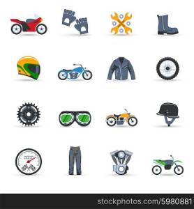 Motorcycle flat icons set with scooter helmet motor speedometer isolated vector illustration. Motorcycle Icons Set