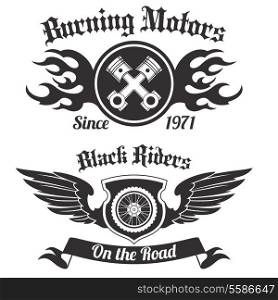 Motorcycle grunge black riders burning motors labels set isolated vector illustration