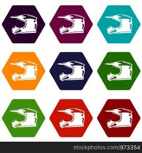 Motorcycle helmet icons 9 set coloful isolated on white for web. Motorcycle helmet icons set 9 vector