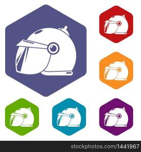 Motorcycle helmet scooter icons vector colorful hexahedron set collection isolated on white. Motorcycle helmet scooter icons vector hexahedron