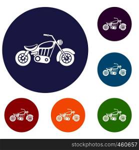Motorcycle icons set in flat circle reb, blue and green color for web. Motorcycle icons set