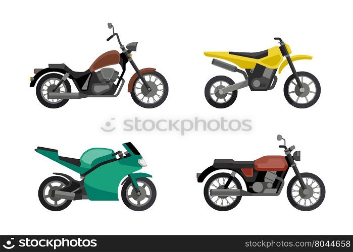 Motorcycle icons set in flat style. Vector illustrations of different type motorcycles.