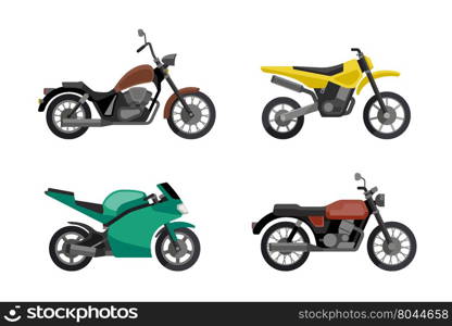 Motorcycle icons set in flat style. Vector illustrations of different type motorcycles.