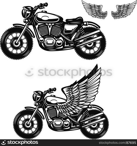 Motorcycle illustration on white background. Winged motorbike. Design elements for logo, label, emblem, sign, badge, poster. Vector illustration