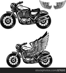 Motorcycle illustration on white background. Winged motorbike. Design elements for logo, label, emblem, sign, badge, poster. Vector illustration