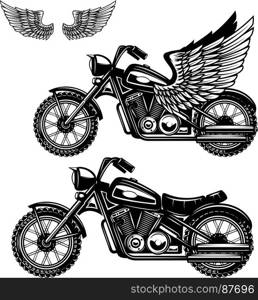 Motorcycle illustration on white background. Winged motorbike. Design elements for logo, label, emblem, sign, badge, poster. Vector illustration