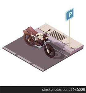 Motorcycle Isometric Concept . Motorcycle parking isometric concept with city traffic symbols vector illustration