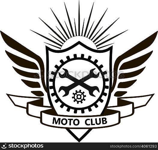 Motorcycle label badge vector black icon and moto club logo illustration. Moto club label logo skull piston Bike club badge design element. motoclub